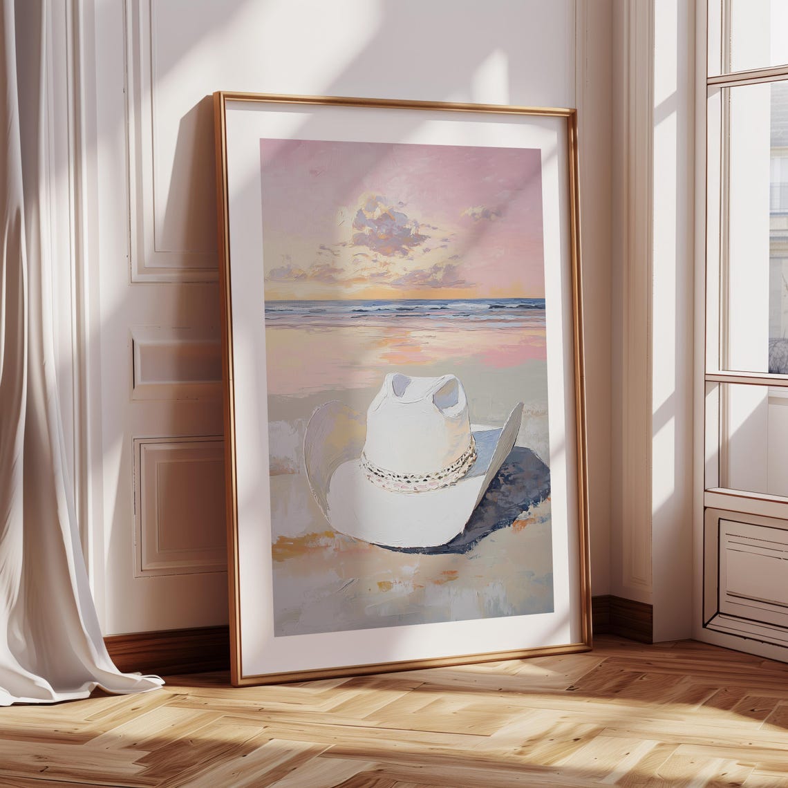 Coastal Cowgirl White Hat on Beach Sunset Pastel Summer Wall Art