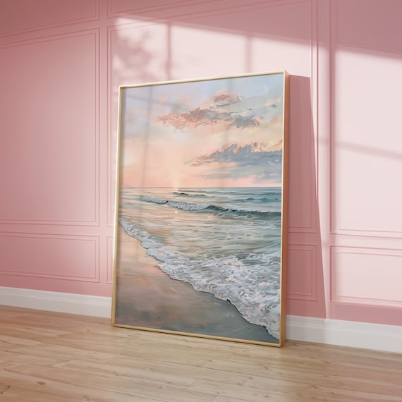 Sunset Beach Waves Serene Pastel Oil Painting Coastal Poster