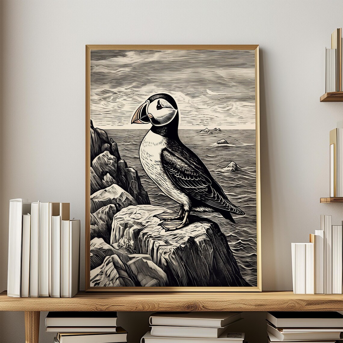 Puffin On Rocky Coast Black And White Linocut Coastal Poster