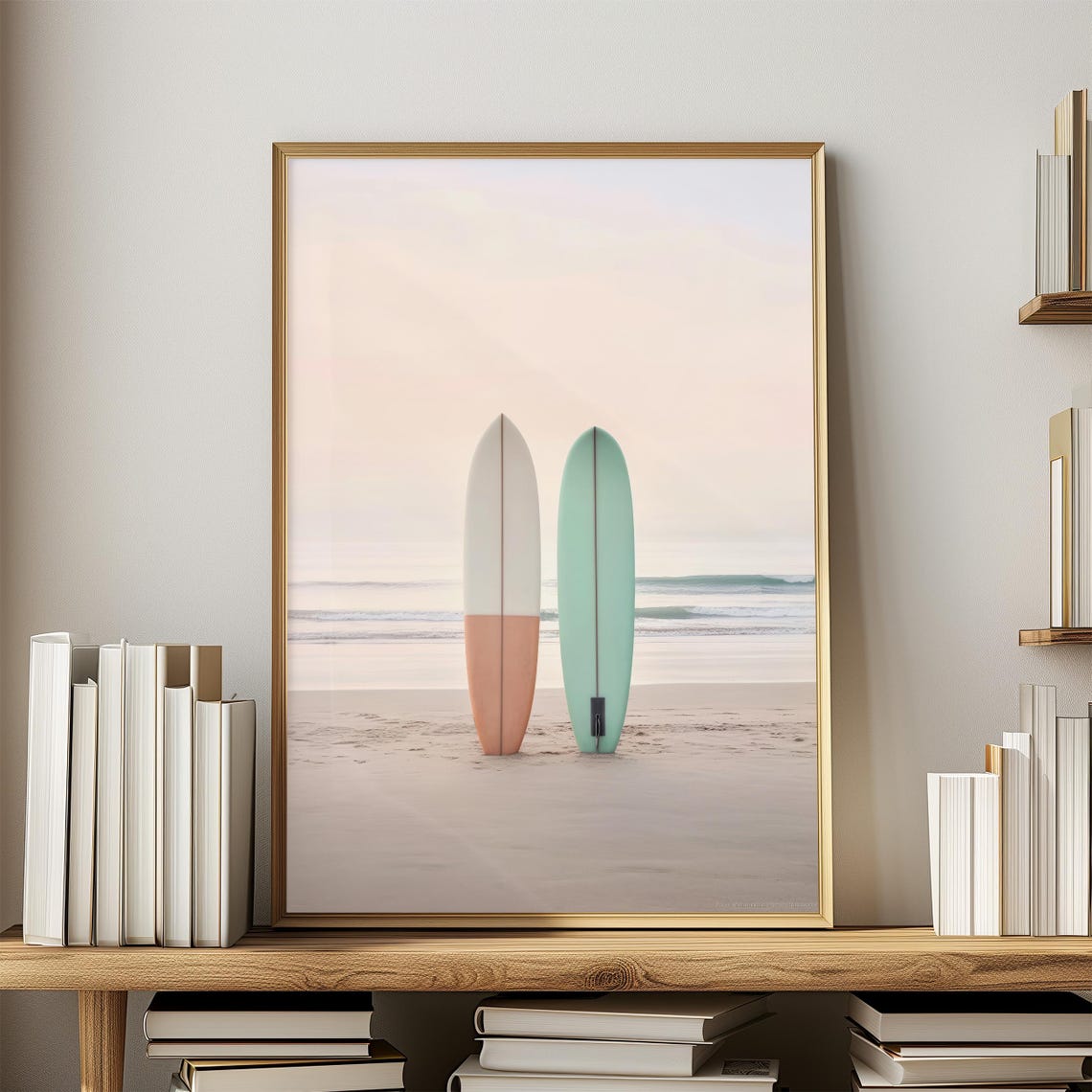 Two Pastel Surfboards On Dawn Beach Coastal Surf Wall Poster