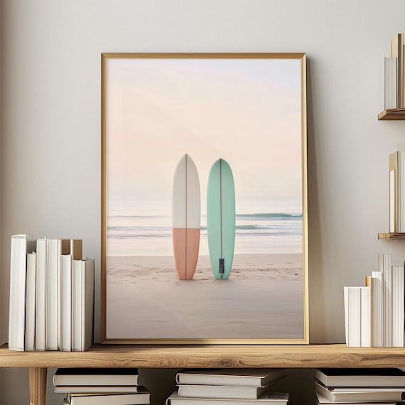 Two Pastel Surfboards On Dawn Beach Coastal Surf Wall Poster