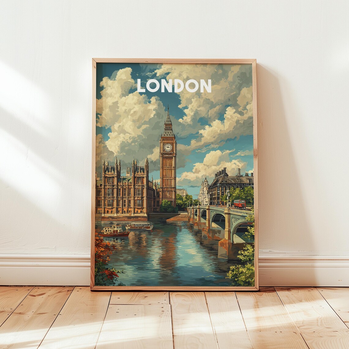London Big Ben Westminster Bridge Vintage River Travel Poster