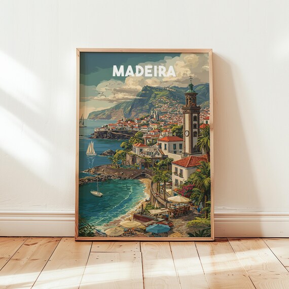 Madeira Funchal Harbor Sailboats Church Tower Portugal Vintage Travel Poster