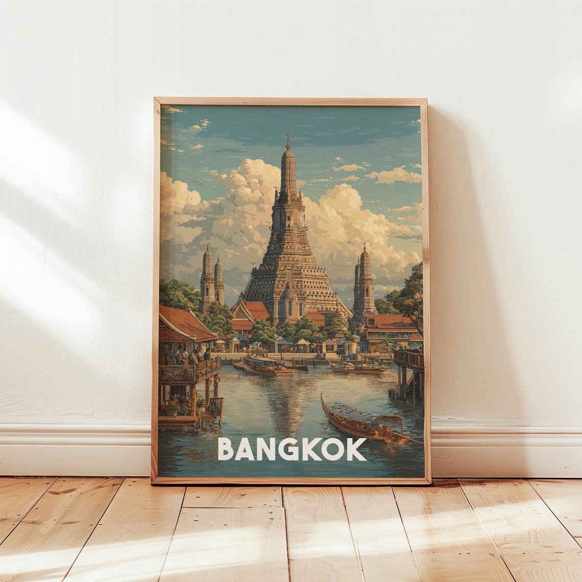 Bangkok Canalside Wat Arun Vintage Thailand Travel Art Poster