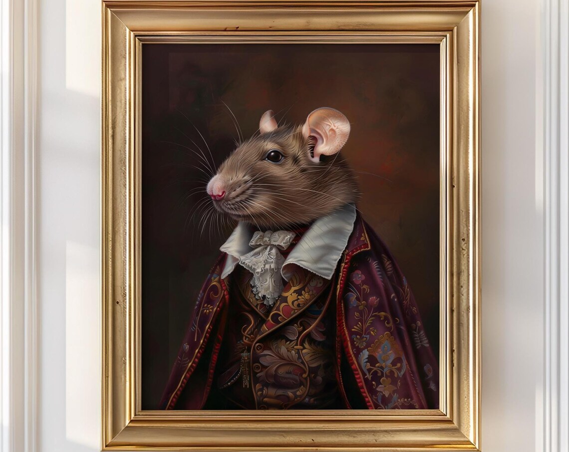 Victorian Rat In Burgundy Brocade Coat Moody Animal Portrait Poster - Image 3