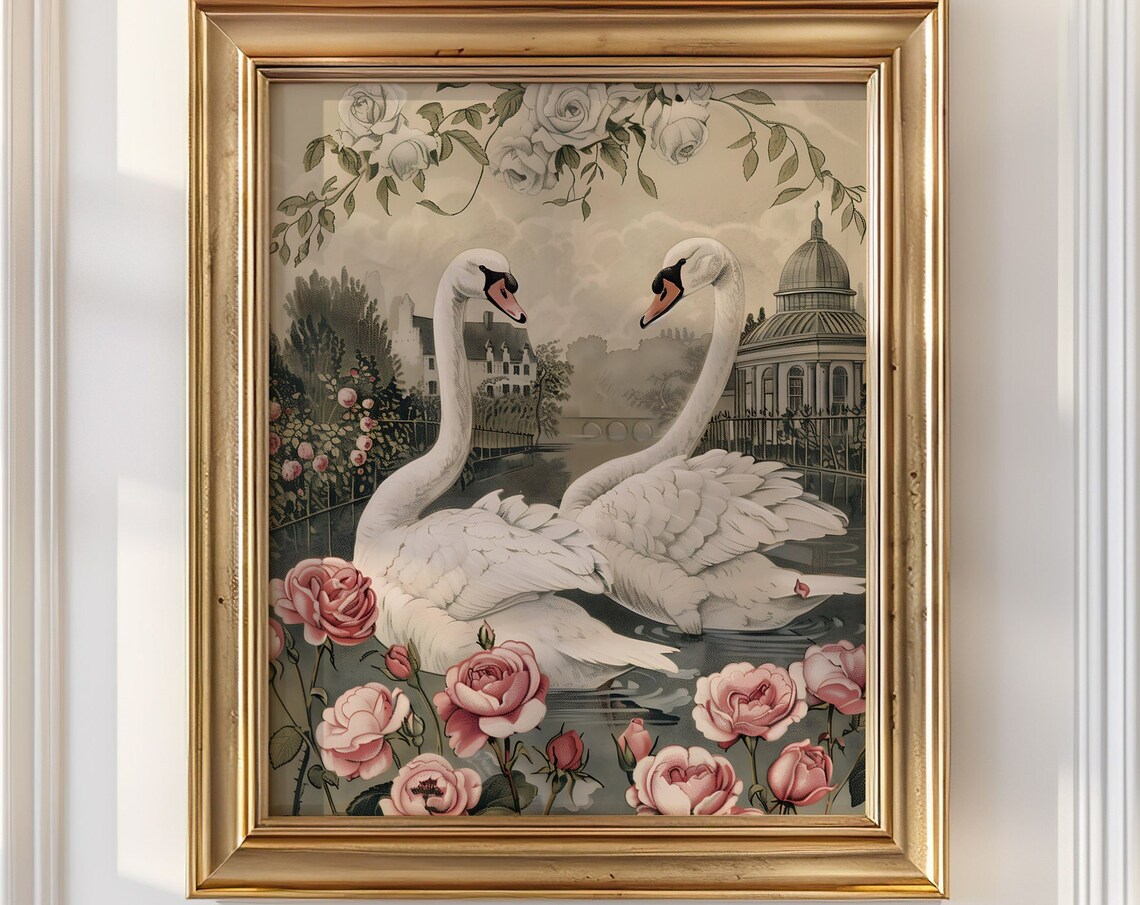 Two White Swans Facing Each Other Pink Roses Vintage Lake Art Poster - Image 3