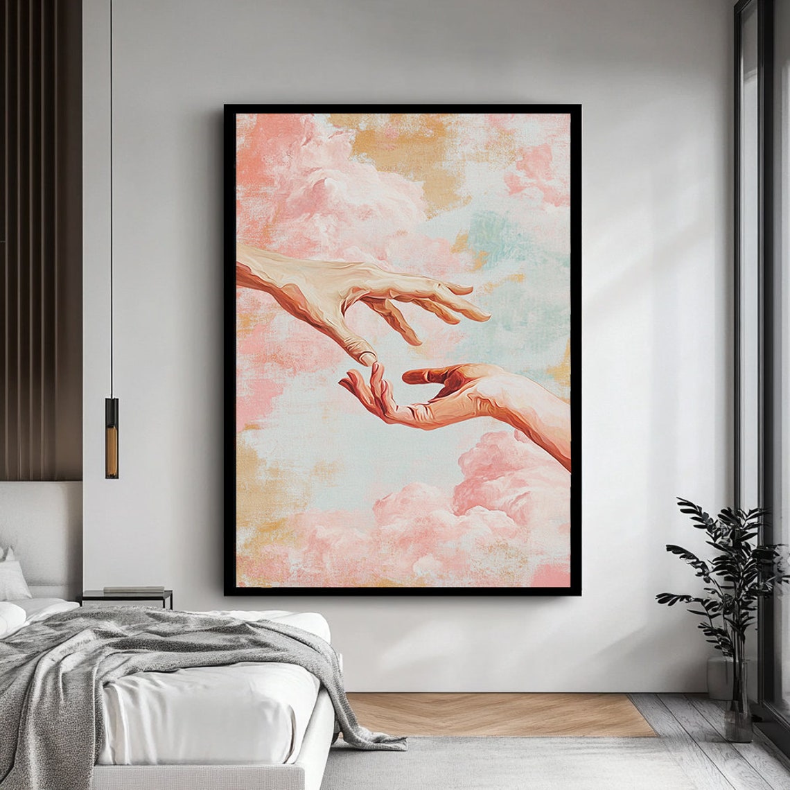 Creation of Adam Style Hands Reaching Pastel Clouds Romantic Art Print - Image 4