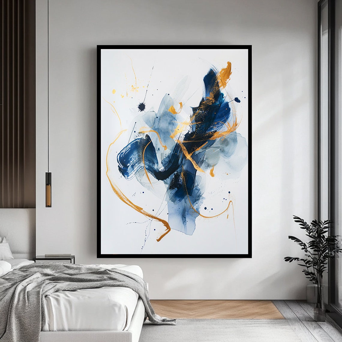Navy Blue Gold Abstract Watercolor Brushstroke Modern Art Poster - Image 4