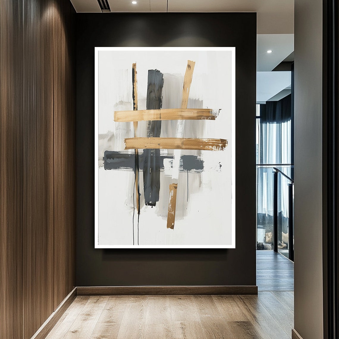 Tan Black Crosshatch Brushstroke Centered Minimal Abstract Poster - Image 2