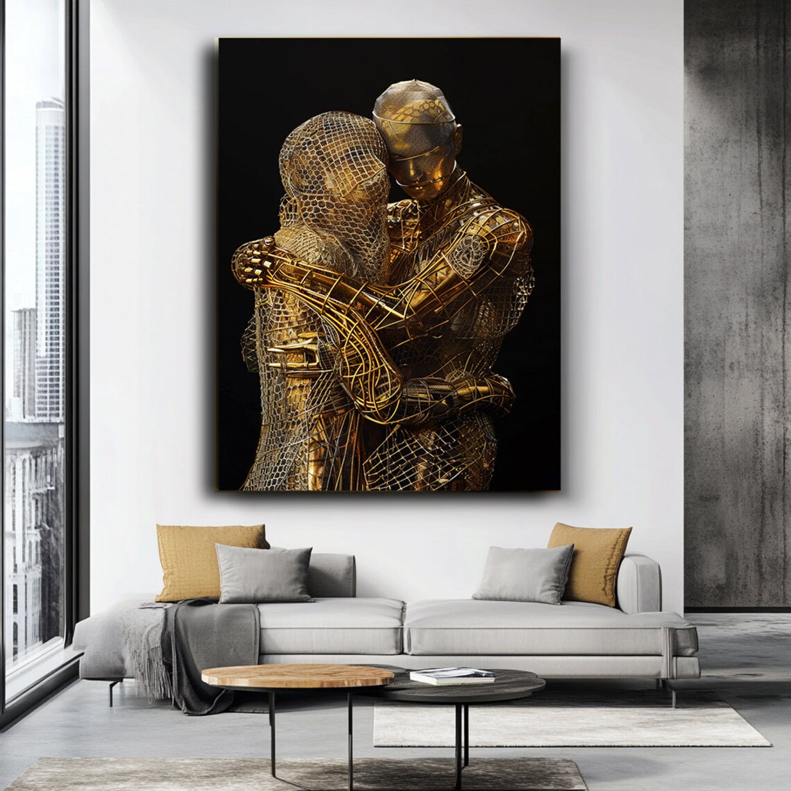 Golden Wire Sculpture Couple Embrace Romantic Love Art Poster - Image 3