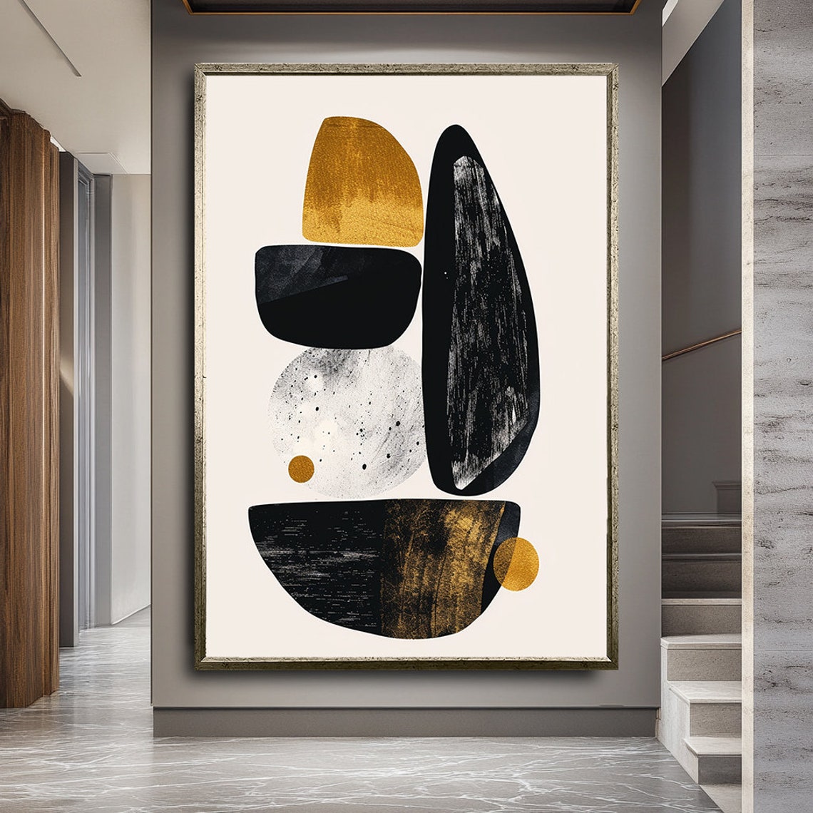 Minimalist Black Gold Geometric Stone Shapes Modern Abstract Art Print - Image 3