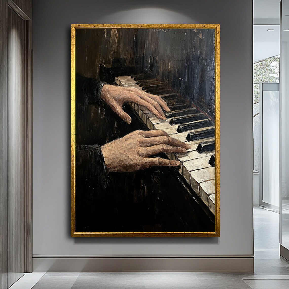 Moody Piano Hands Playing Keys Dark Expressive Oil Painting Music Art Poster