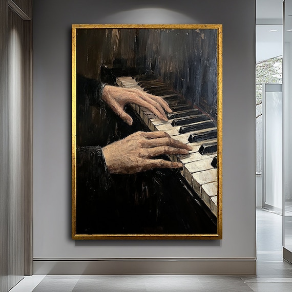 Moody Piano Hands Playing Keys Dark Expressive Oil Painting Music Art Poster