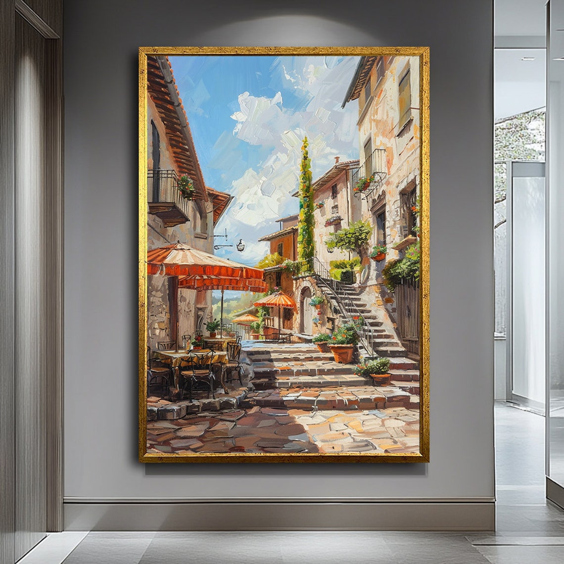 Italian Old Town Street Stone Steps Cafe Umbrellas Travel Poster