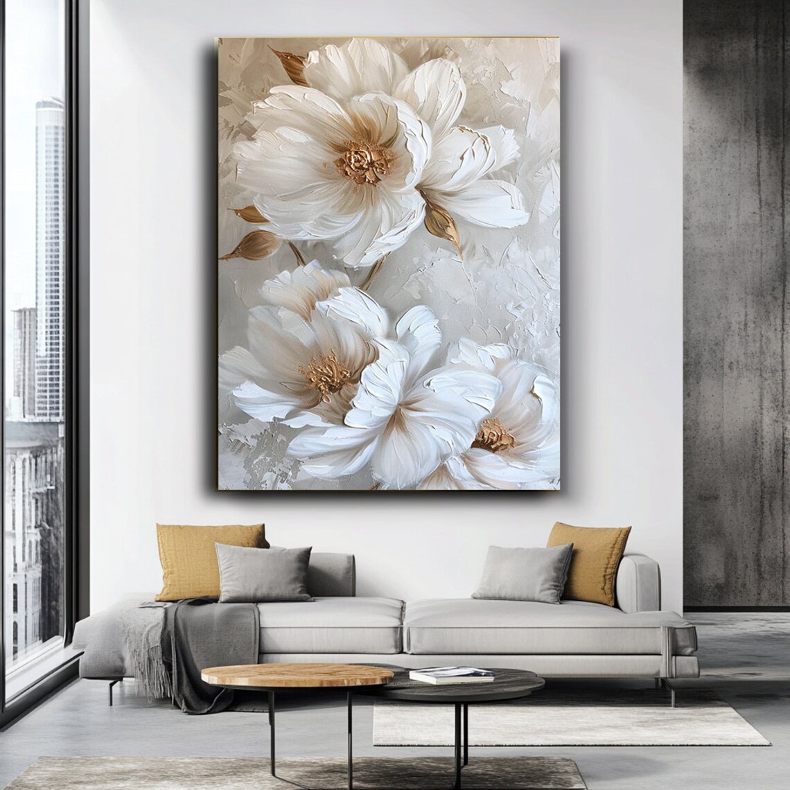 White Peony Blossoms Textured Floral Oil Painting Wall Poster - Image 3