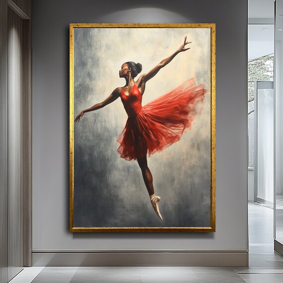 Ballerina In Flowing Red Dress Leaping En Pointe Graceful Dance Art Poster
