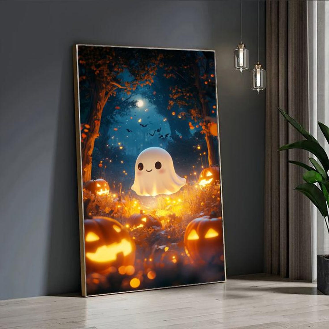 Cute Ghost and Glowing Jack O Lanterns Halloween Forest Kids Wall Art - Image 4