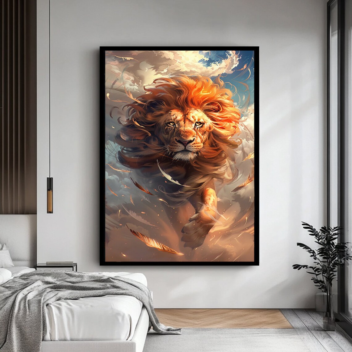 Powerful Lion Leaping Through Clouds Fiery Mane Dynamic Fantasy Art Poster - Image 3