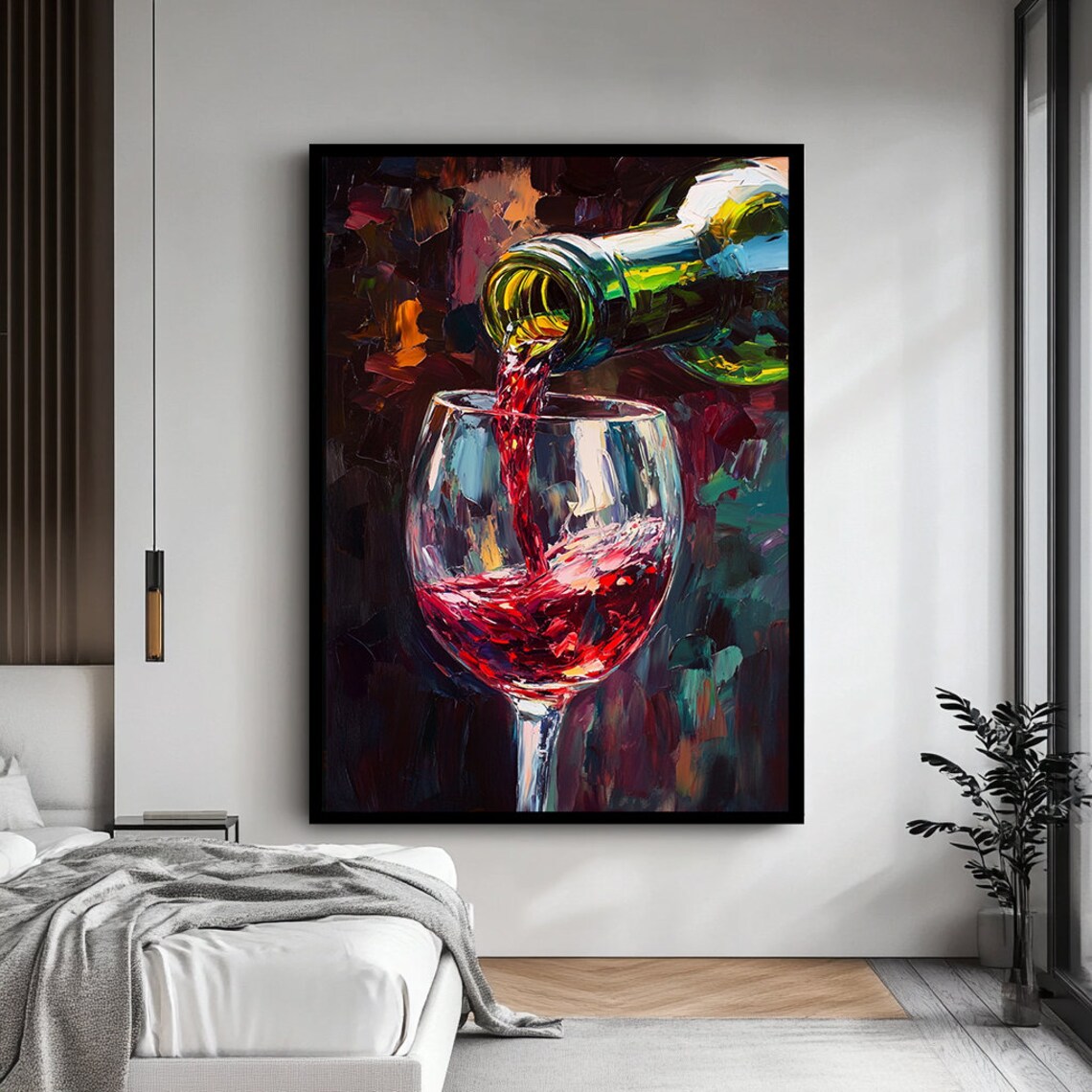 Red Wine Pouring Green Bottle Glass Impasto Oil Painting Kitchen Wall Poster - Image 4