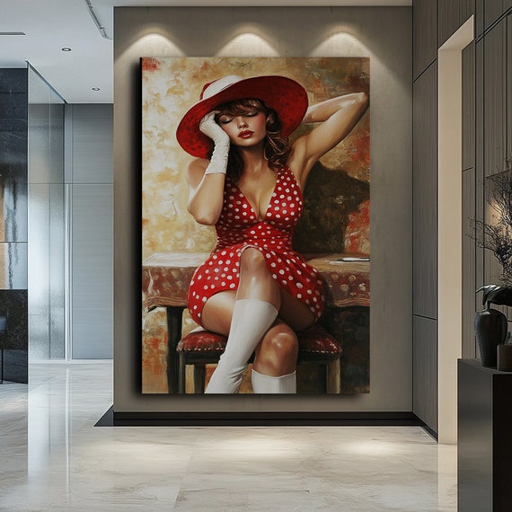 Elegant Sexy Woman In Polka Dot Dress Bold Glamour Wall Art Modern Feminine Decor