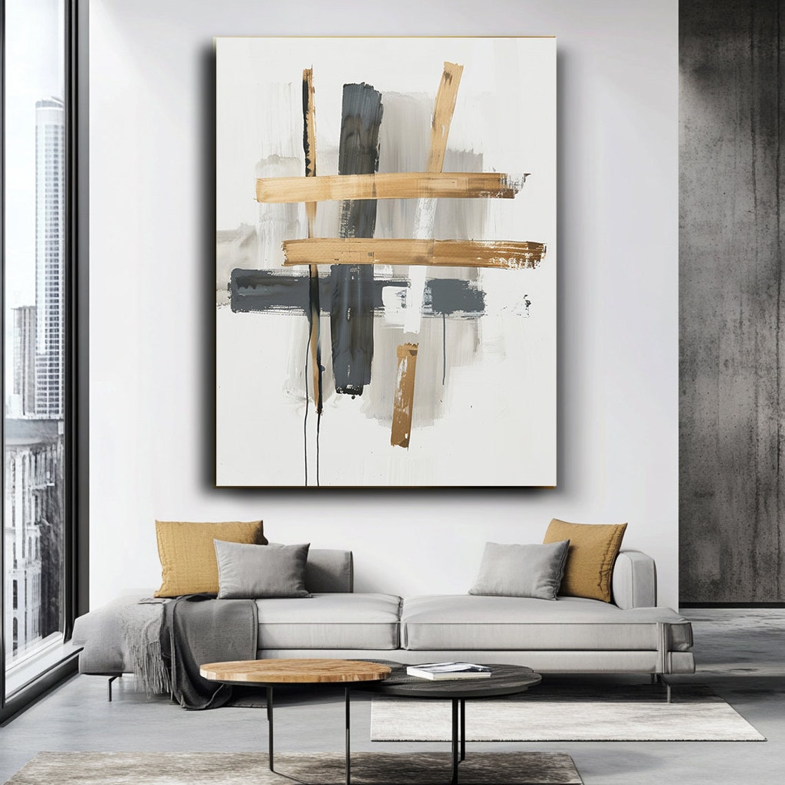 Tan Black Crosshatch Brushstroke Centered Minimal Abstract Poster - Image 4