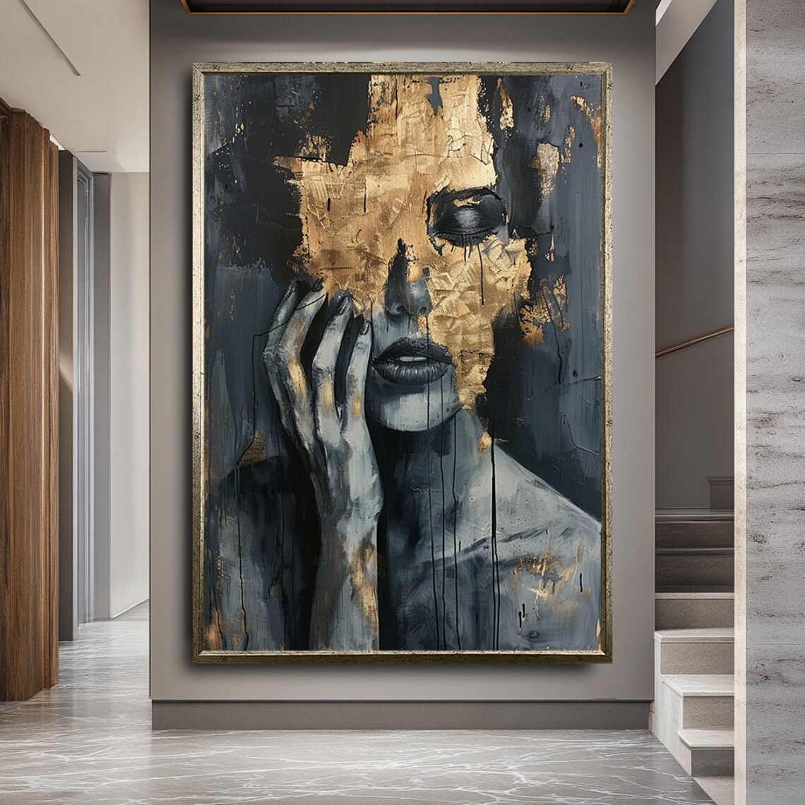 Gold Leaf Woman Portrait Dark Moody Abstract Beauty Art Poster