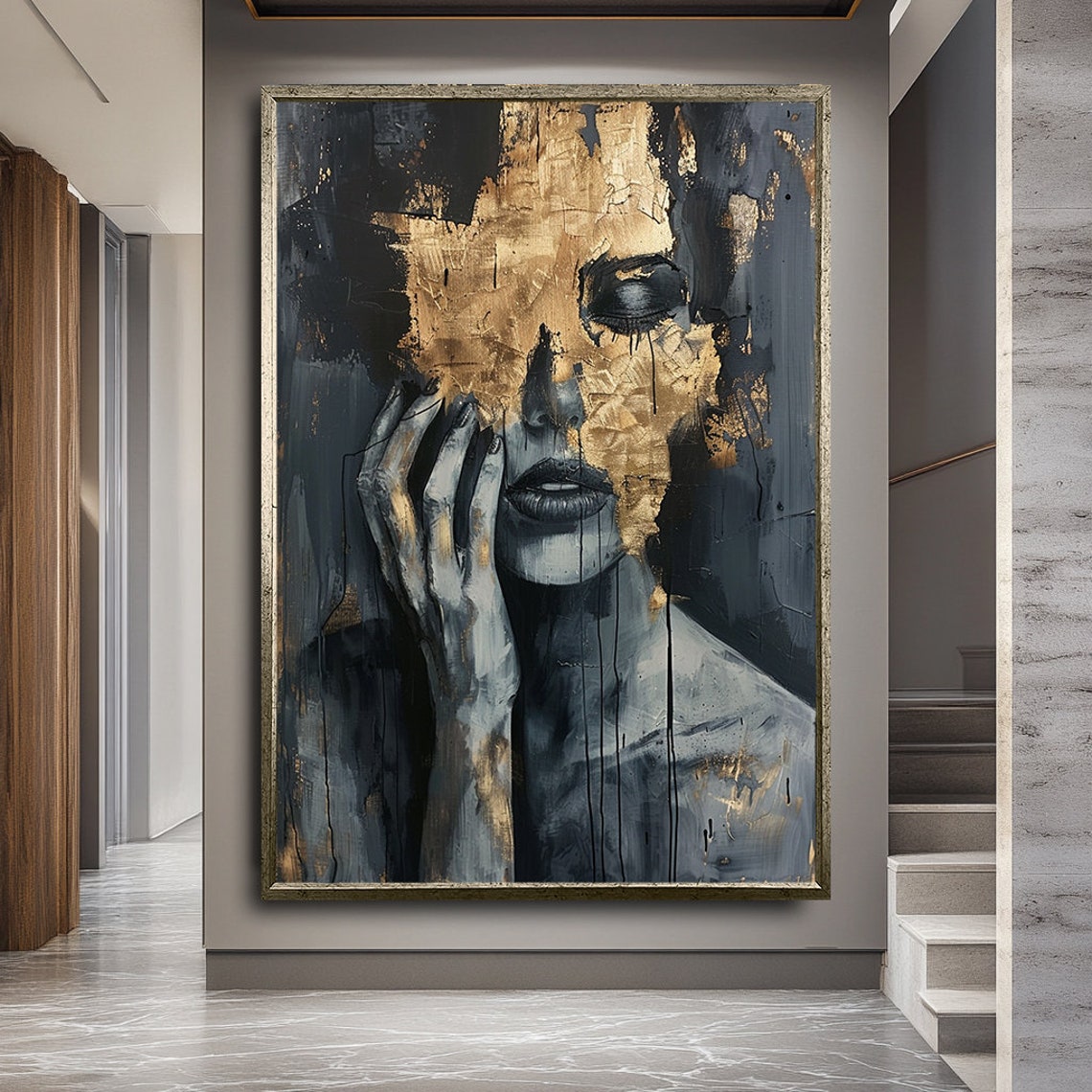 Golden Woman Art Modern Wall Hanging Fashion Girl Art Black Gold Print Extra Large Wall Art Wall Art Abstract Woman Art
