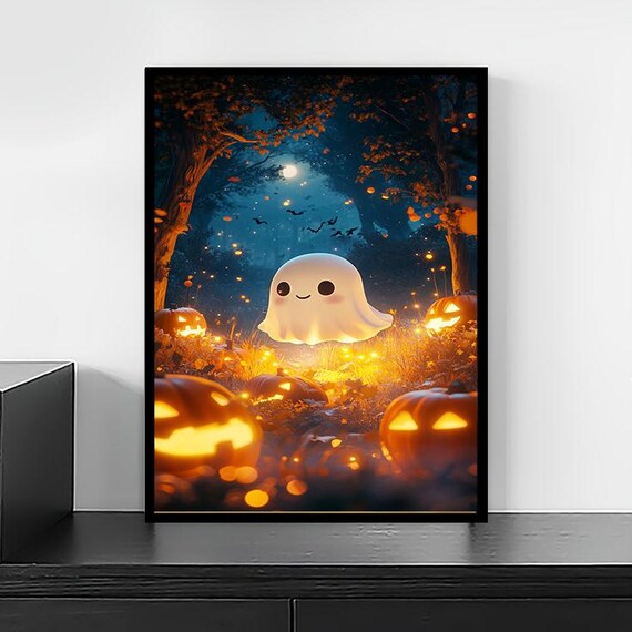 Cute Ghost and Glowing Jack O Lanterns Halloween Forest Kids Wall Art