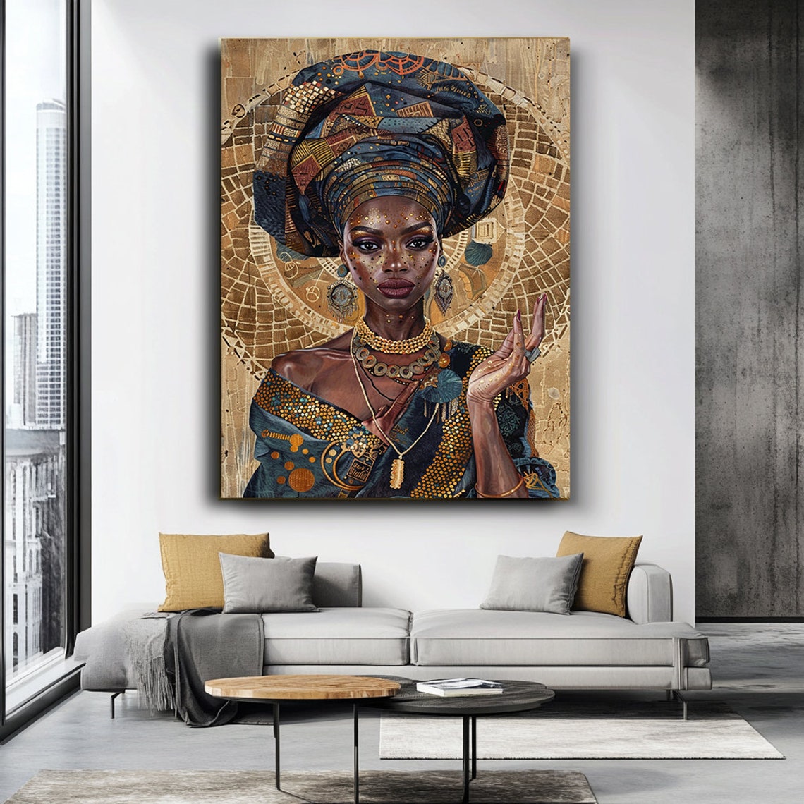 African Woman In Blue Patterned Headwrap With Gold Adornments Poster - Image 2