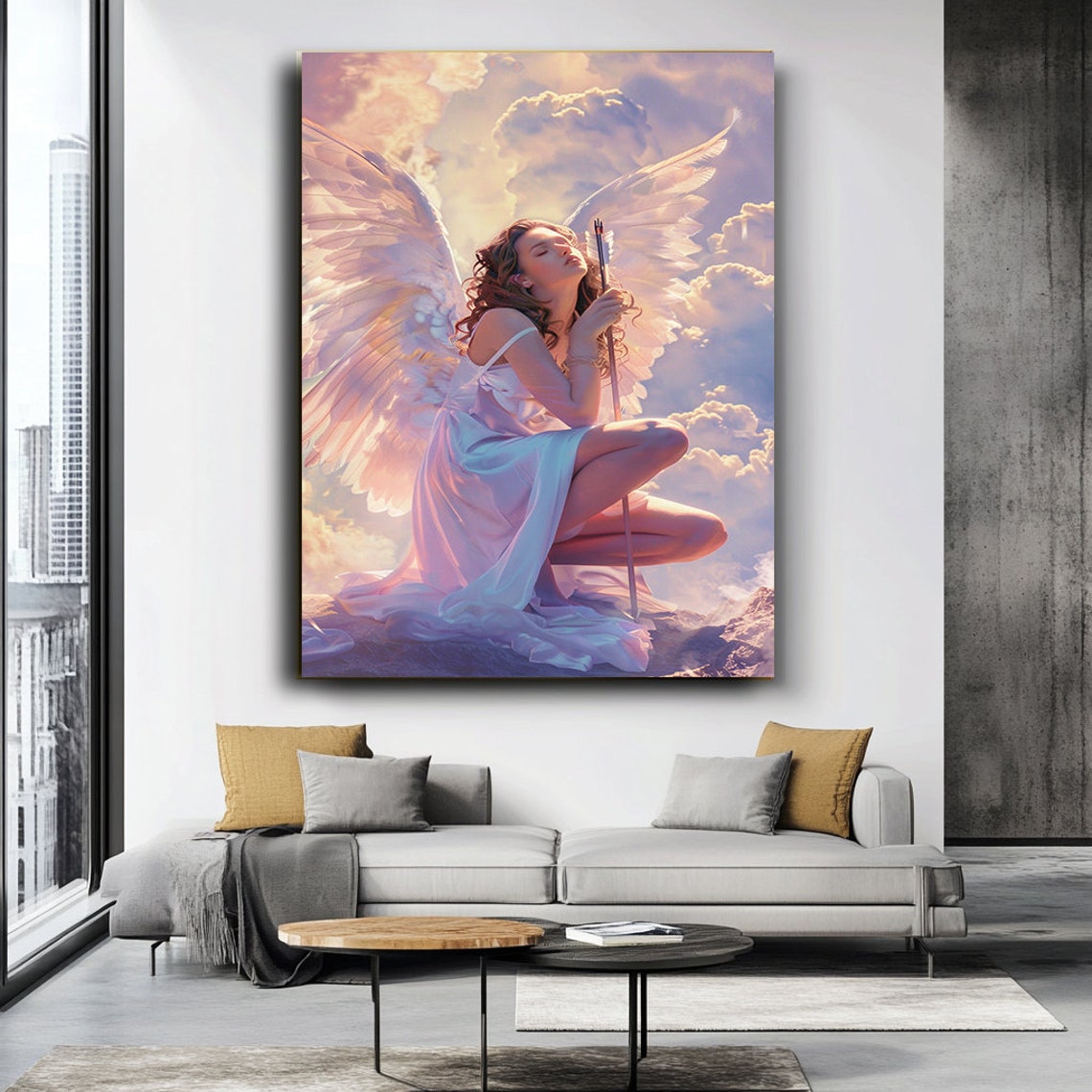 Guardian Angel With White Wings Kneeling Among Heavenly Clouds Poster - Image 3