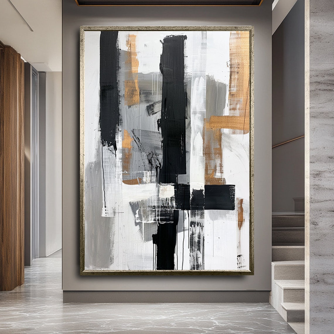 Black White And Gold Vertical Brushstroke Abstract Modern Art Poster - Image 3