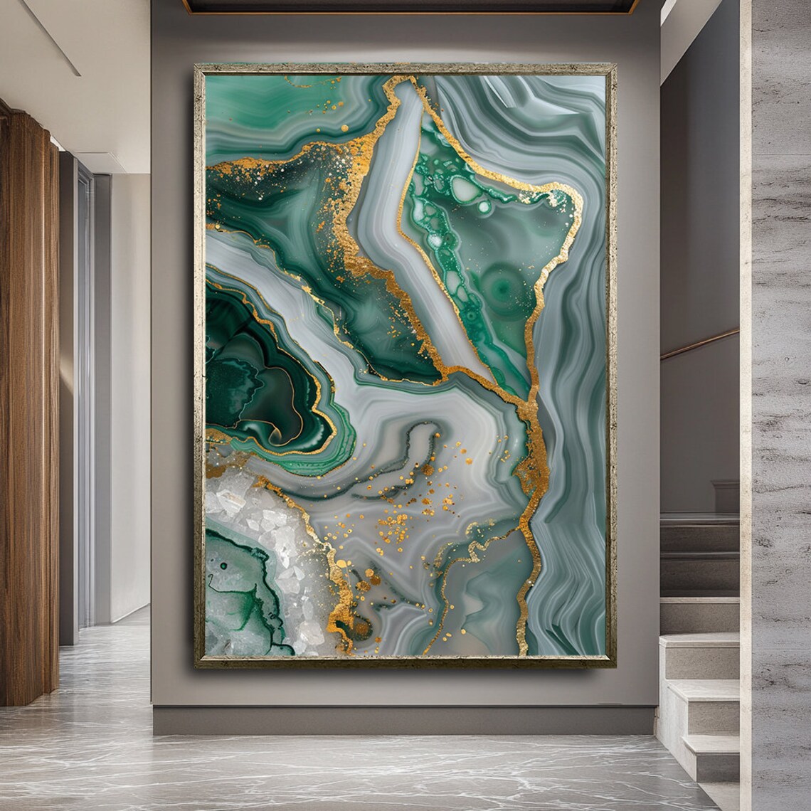 Green White Marble Agate Gold Accents Abstract Stone Art Poster - Image 4