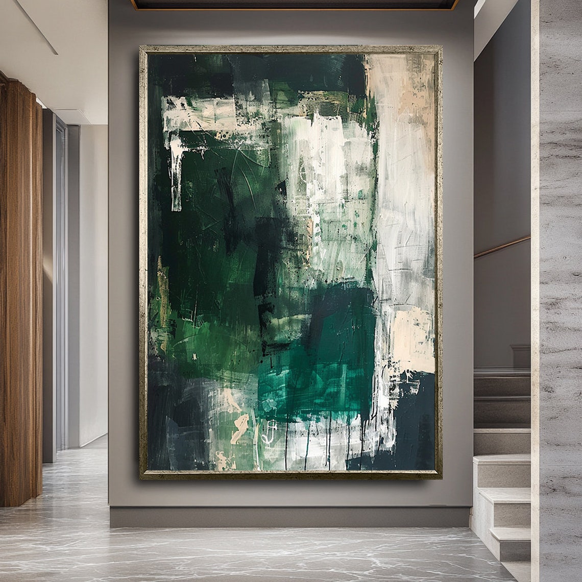 Dark Green White Abstract Brushstroke Modern Painting Art Poster