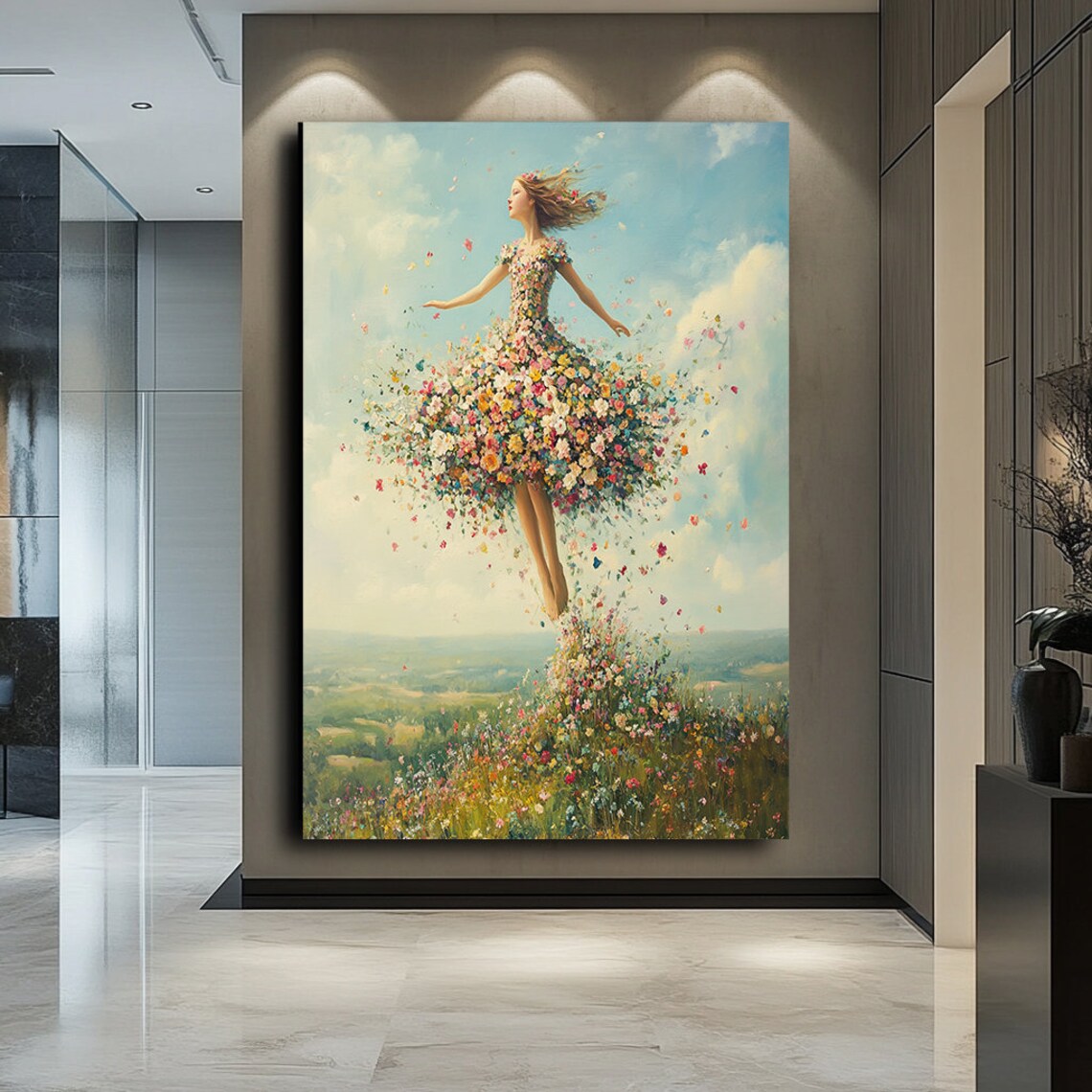 Woman Dancing In Dress Made Of Flowers Over A Meadow Sky Wall Art