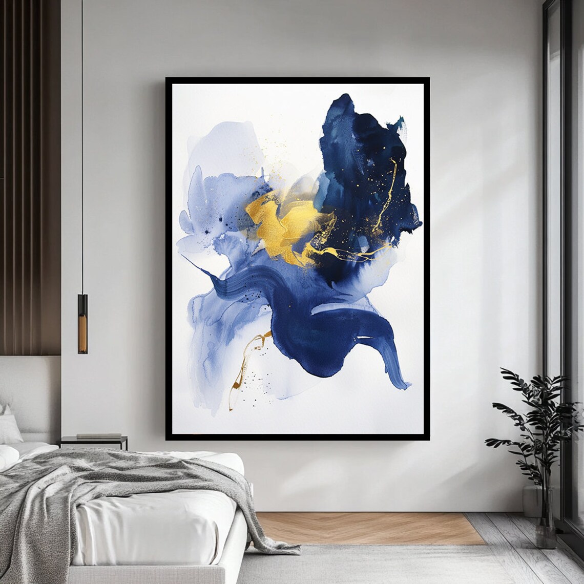 Bold Navy Gold Watercolor Sweep Abstract Expressionist Art Poster - Image 4