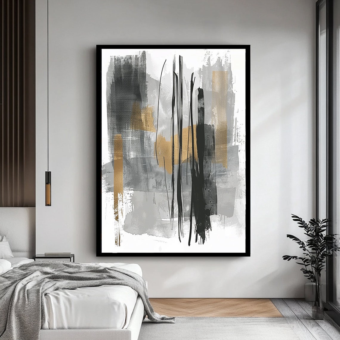Black Grey Gold Vertical Brushstroke Abstract Minimalist Art Poster - Image 4