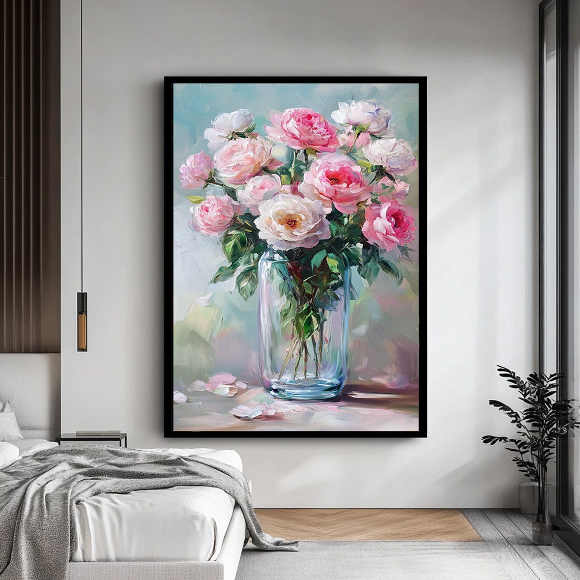 Pink White Roses In Glass Vase Against Teal Background Floral Poster - Image 4