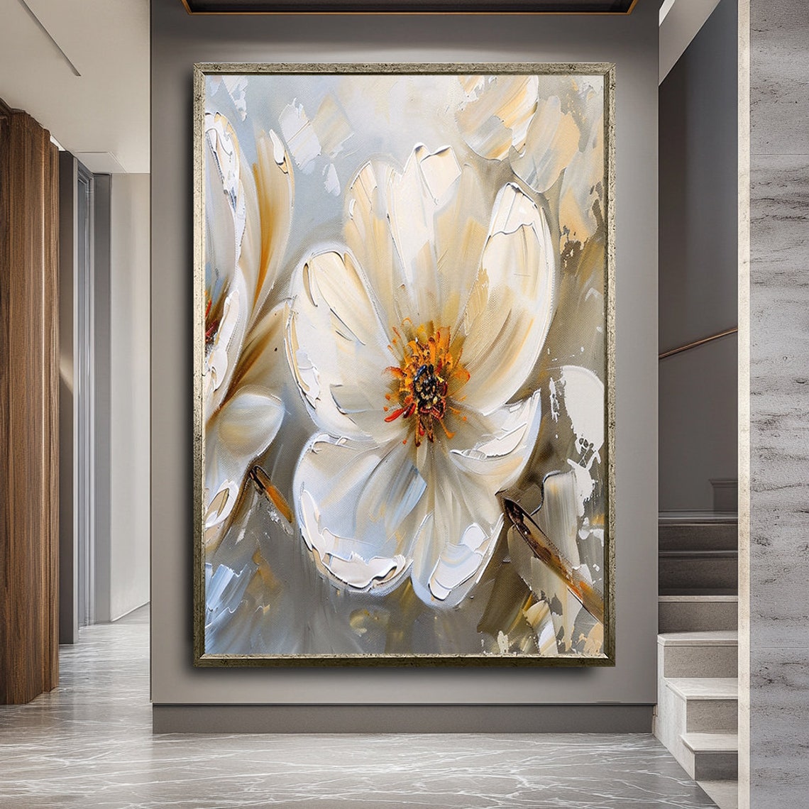 White Cream Flowers Impasto Textured Botanical Elegance Poster