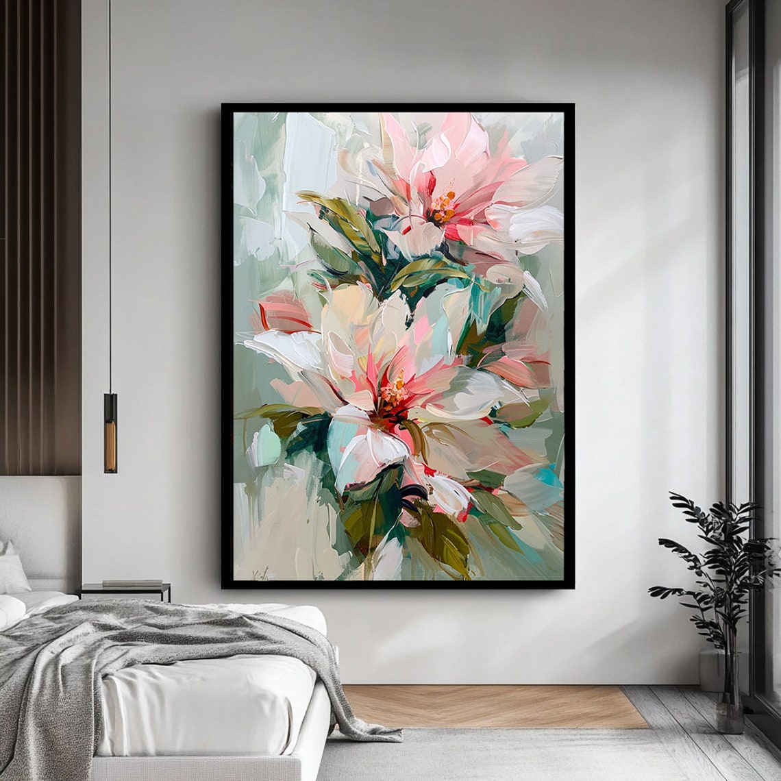 Pink White Flowers Abstract Oil Painting Soft Botanical Poster - Image 4