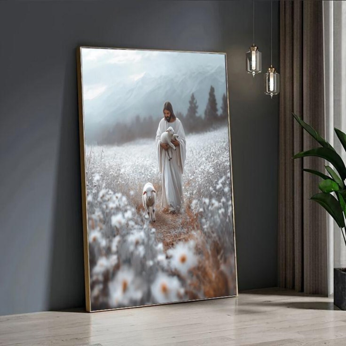 Jesus Holding Lamb Walking Flower Field Peaceful Christian Religious Art Print