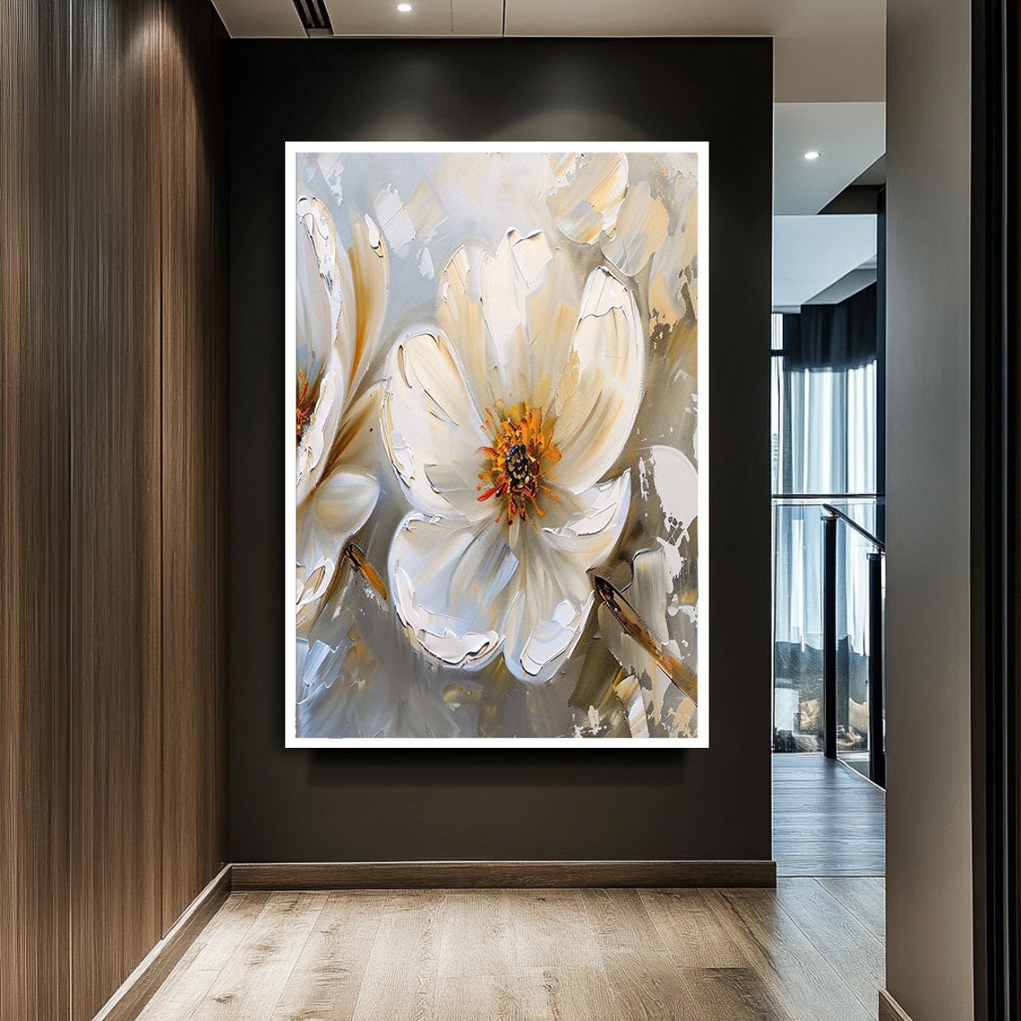 White Cream Flowers Impasto Textured Botanical Elegance Poster - Image 2