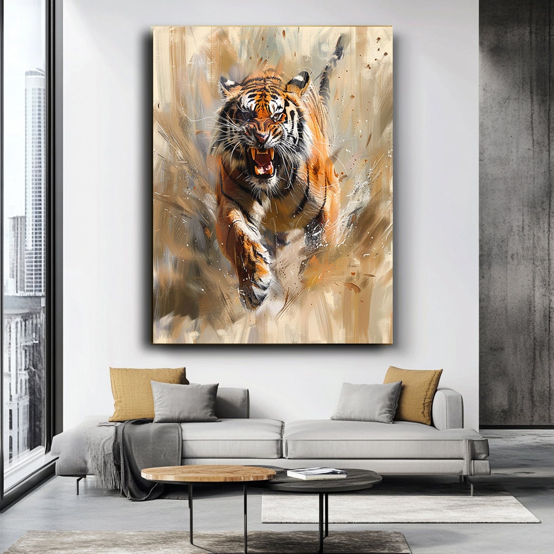 Fierce Snarling Tiger Charging Powerful Wildlife Action Art Poster