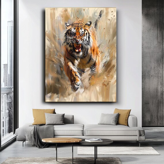 Fierce Snarling Tiger Charging Powerful Wildlife Action Art Poster