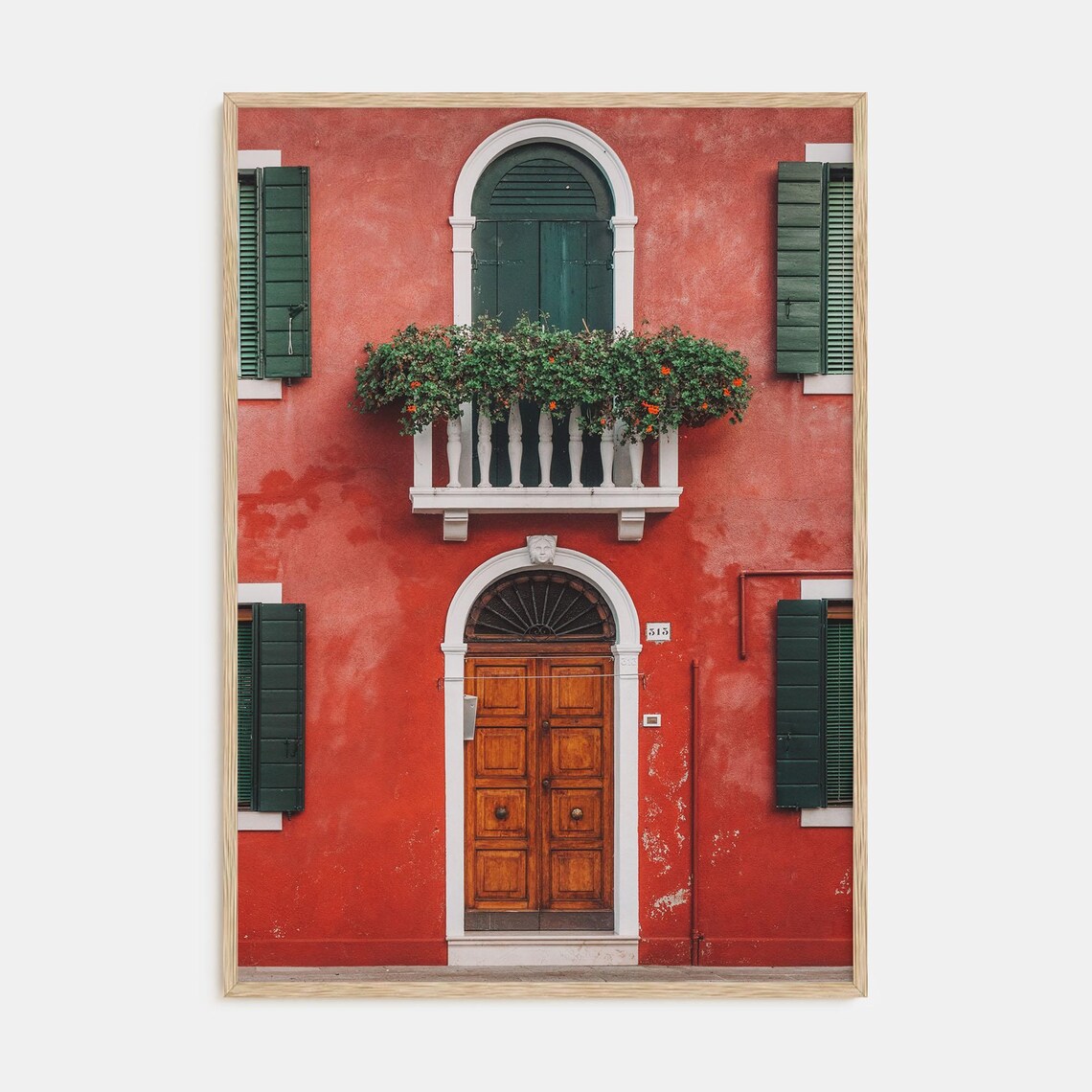 Red Italian Facade With Flower Balcony and Green Shutters Poster
