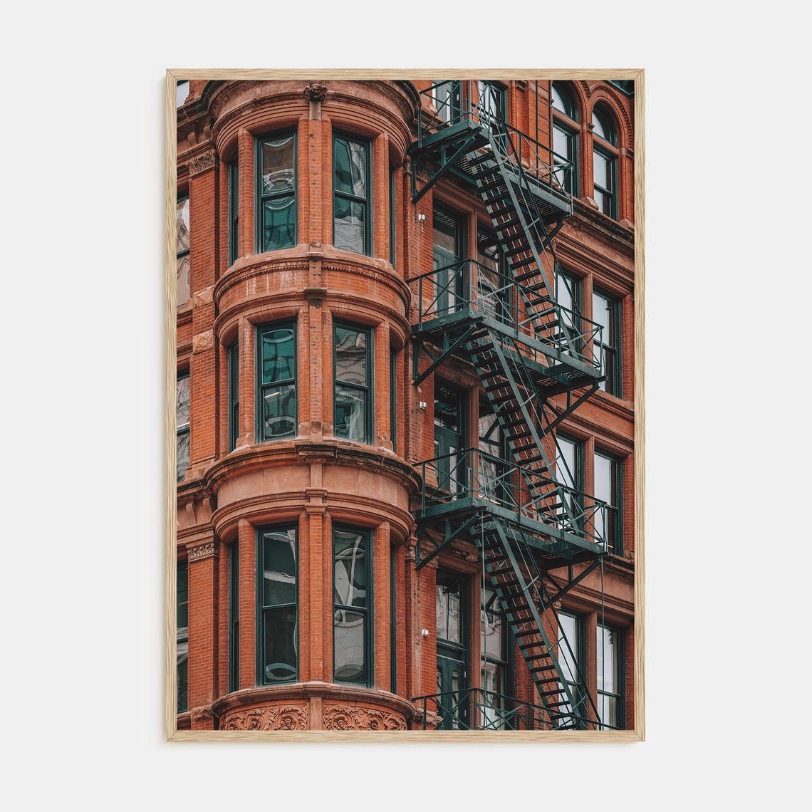 Red Brick Corner Building Bay Windows Fire Escape Urban Poster