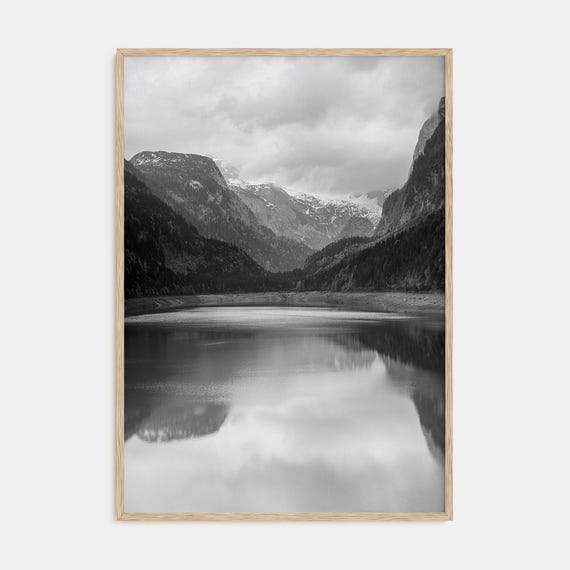 Foggy Lake Mountains Print Fine Art Black And White Photography Poster Rustic Home Decor Wall Art For Nature Lovers
