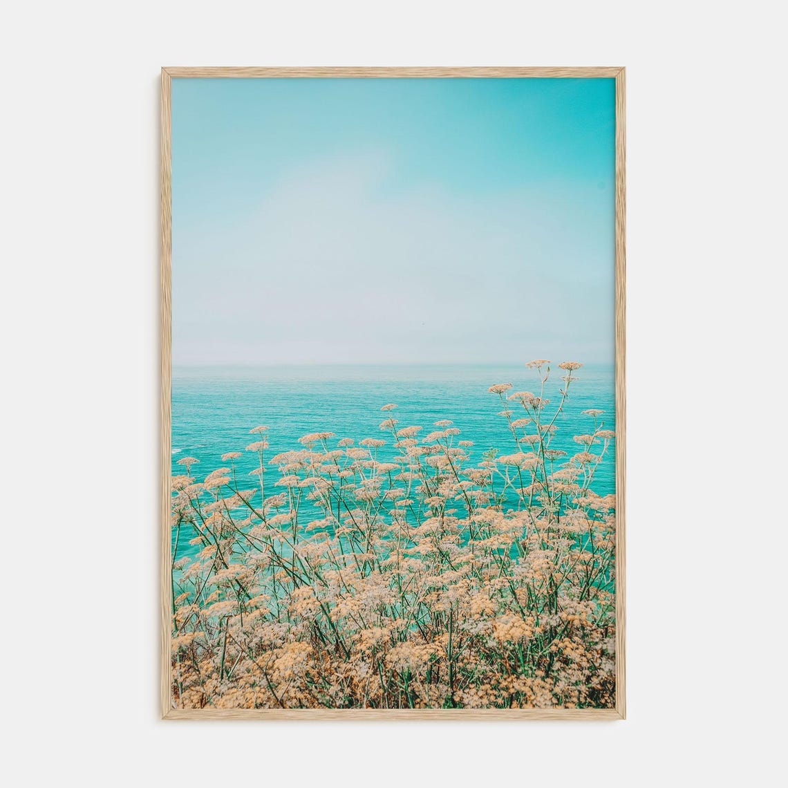 Turquoise Ocean Coast Wildflowers Clear Sky Photography Poster