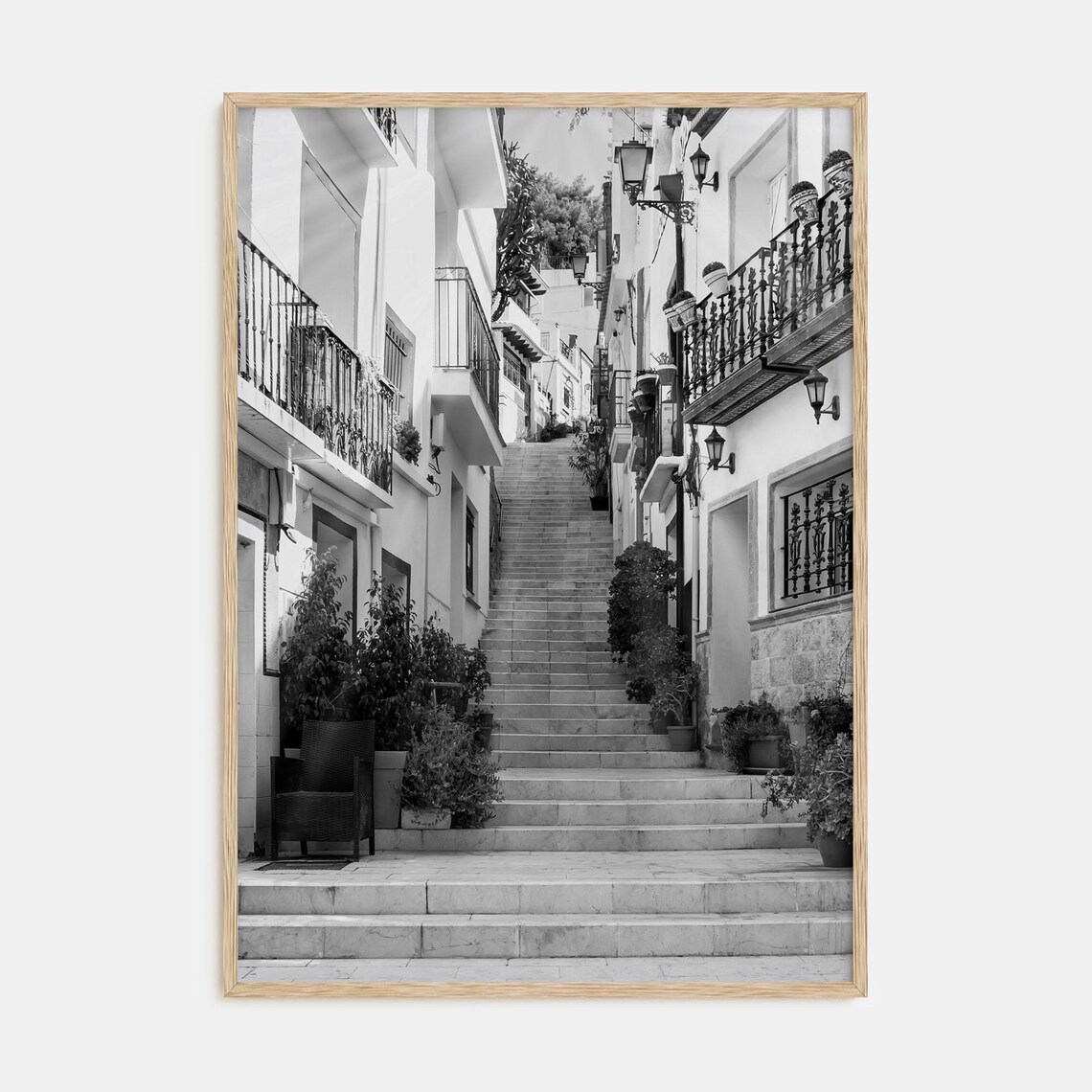 White Village Stairway Old Town Black and White Photo Poster