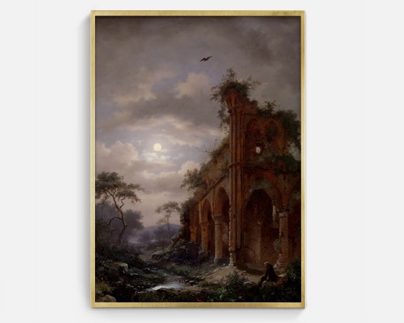 Moonlight Over Ruins, Vintage Halloween Art Print