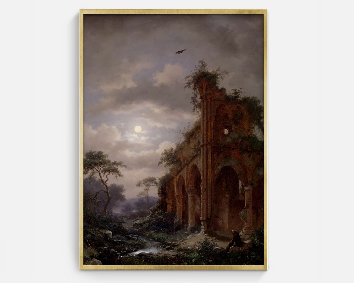 Moonlight Over Ruins, Vintage Halloween Art Print